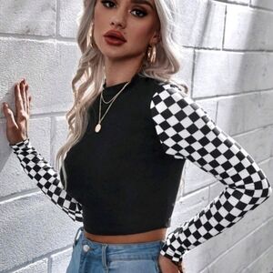 Black and White Checkered Sleeve Crop Top